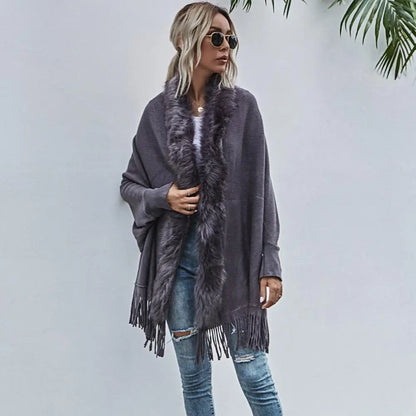Shawl Mid-Length French Style Knit Poncho with Faux Fur Collar & Tassel Hem