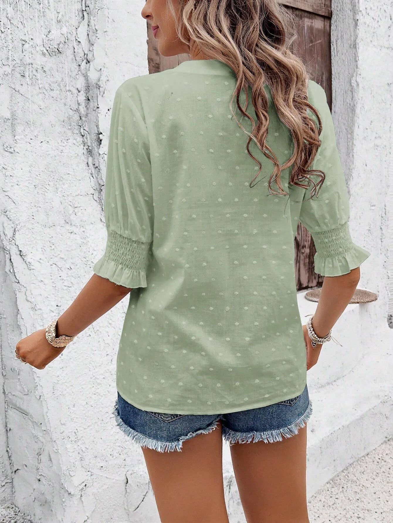 V-Neck Puff Sleeve Bluse Shirred Bust Half Sleeve