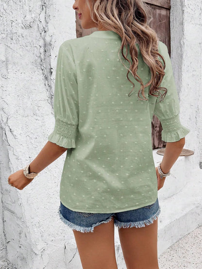 V-Neck Puff Sleeve Bluse Shirred Bust Half Sleeve