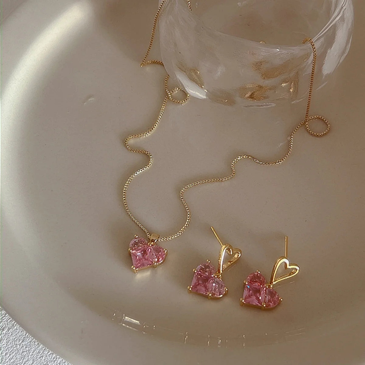 Heart-Shaped Pink Zircon Pendant Necklace & Earrings Set
