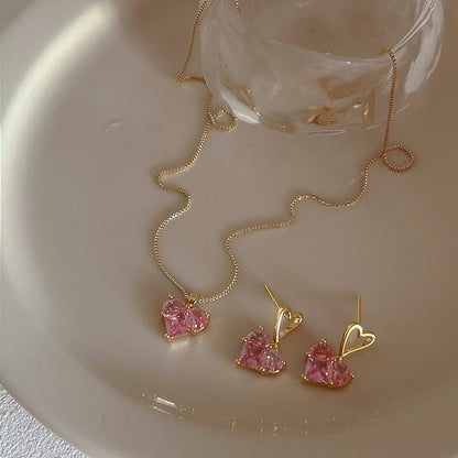 Heart-Shaped Pink Zircon Pendant Necklace & Earrings Set