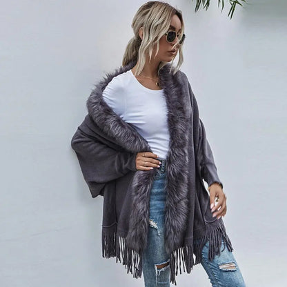 Shawl Mid-Length French Style Knit Poncho with Faux Fur Collar & Tassel Hem