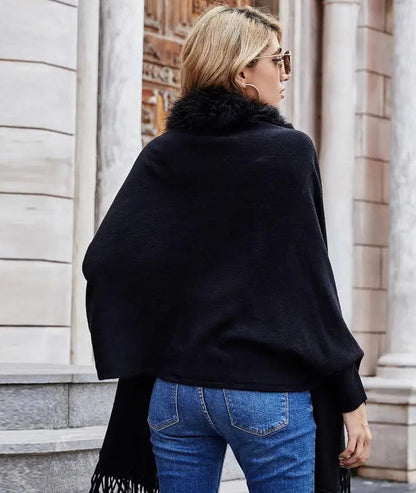 Shawl Mid-Length French Style Knit Poncho with Faux Fur Collar & Tassel Hem