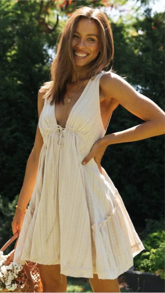 V-Neck Sleeveless Lace-Up Mini Dress