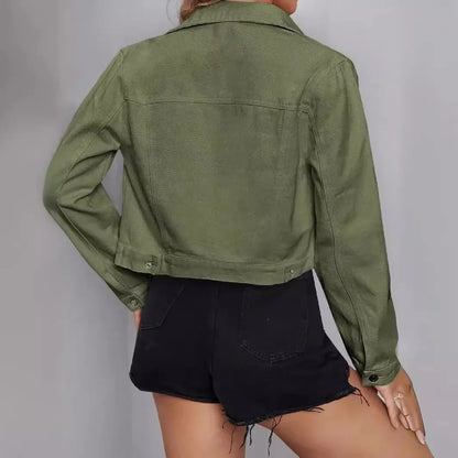 Collared Neck Long Sleeve Button-Down Denim Jacket