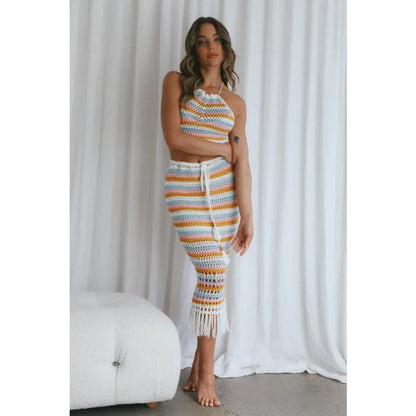 Striped Cropped Bandage Vest Tassel Skirt Knit Set