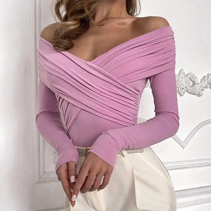 Off-Shoulder Crossed Fold Skinny Bodysuit Romper