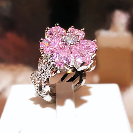 Pink Crystal 925 Sterling Silver Ring Cute Flower Zircon