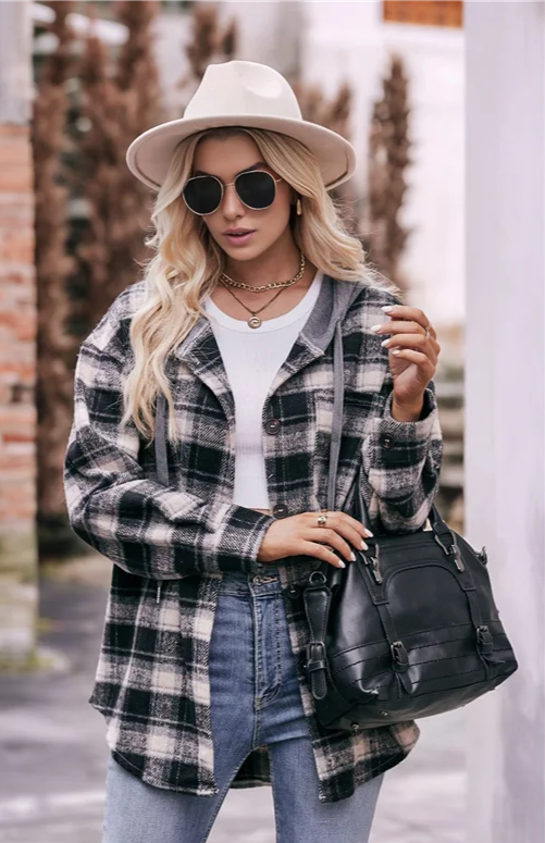 Flannel Plaid Hoodie Jacket Long Sleeve Button with Pocket & Drawstring