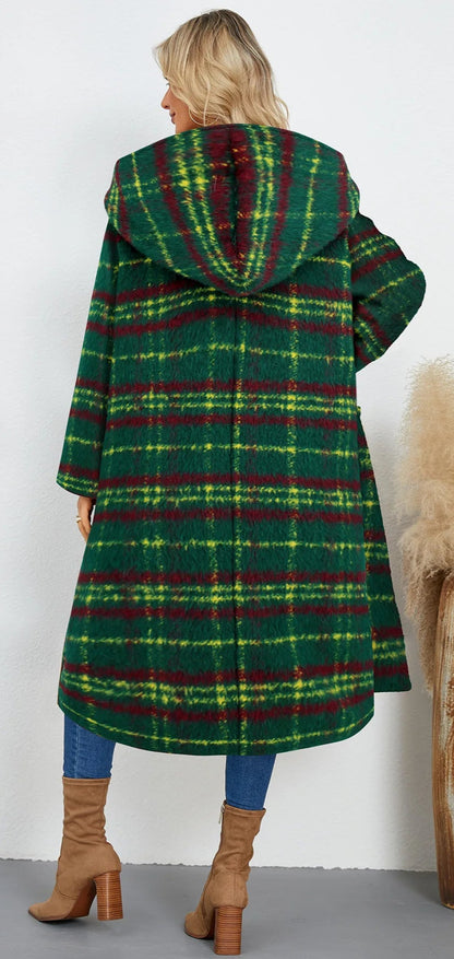 Winter Woolen Coat Plaid Long Coat with Hood