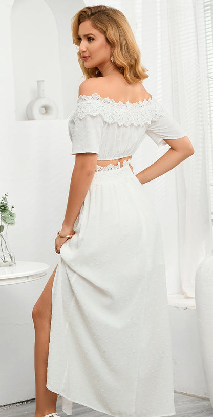 Off-Shoulder Short Sleeve Top Lace Lined Summer Blouse