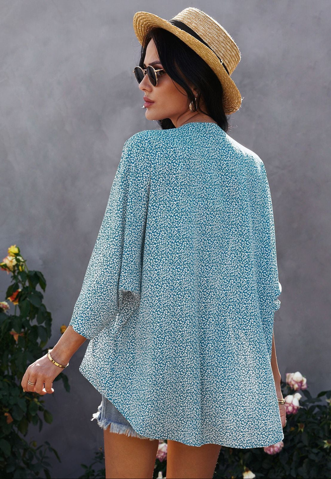 Three-Quarter Sleeve Floral Chiffon Shirt Elegant