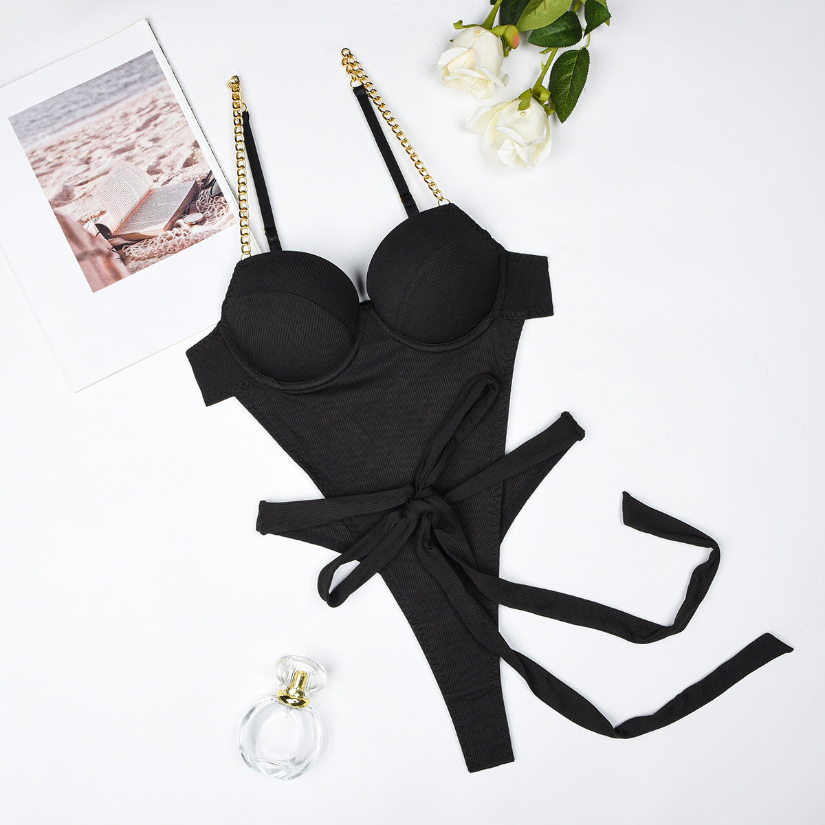 Backless Bodysuit Metal Chain Strap One-Piece