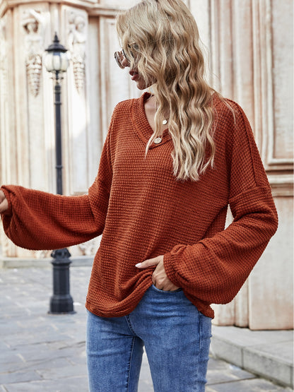 V-Neck Lantern Sleeve Shir Loose Long Sleeve Blouse
