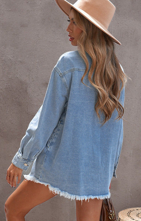 Mid-Length Denim Shirt Long Sleeve Lapel Solid Top