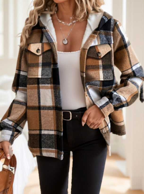 Plaid Hooded Jacket - Casual Long Sleeve Shacket With Button Front