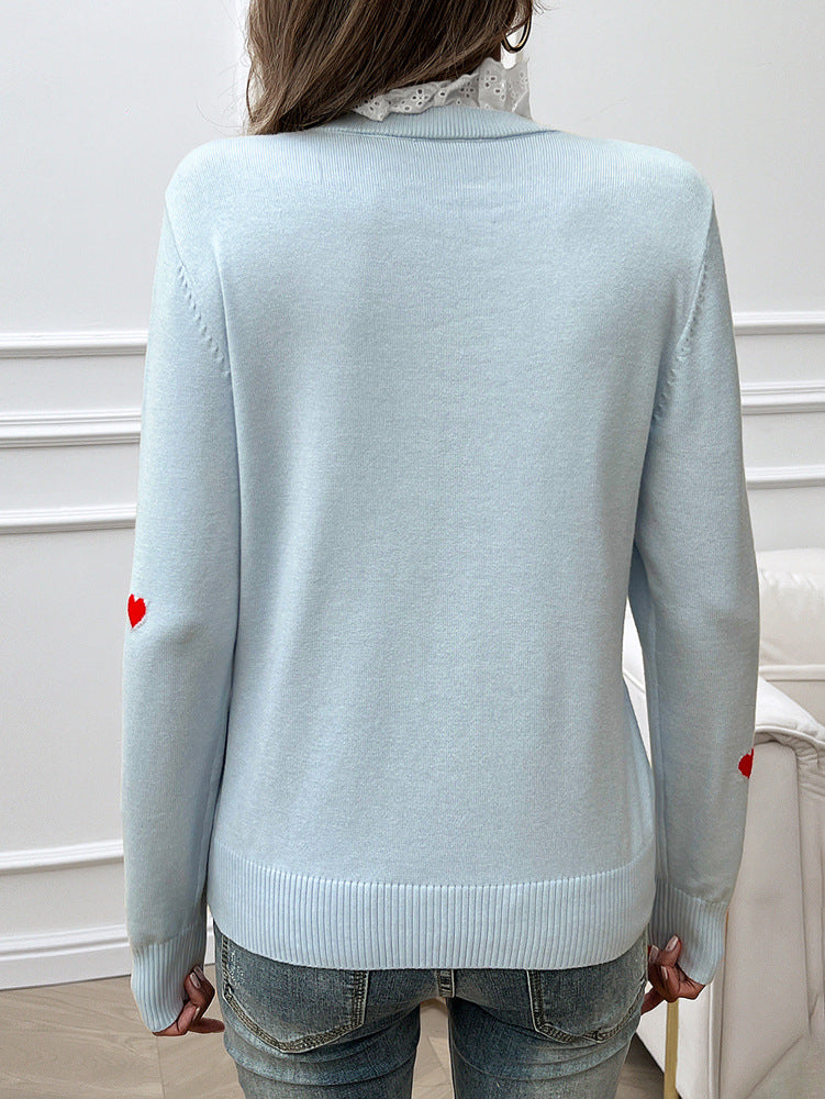 Sweet Cute Embroidered Love Sweater with Lace Collar