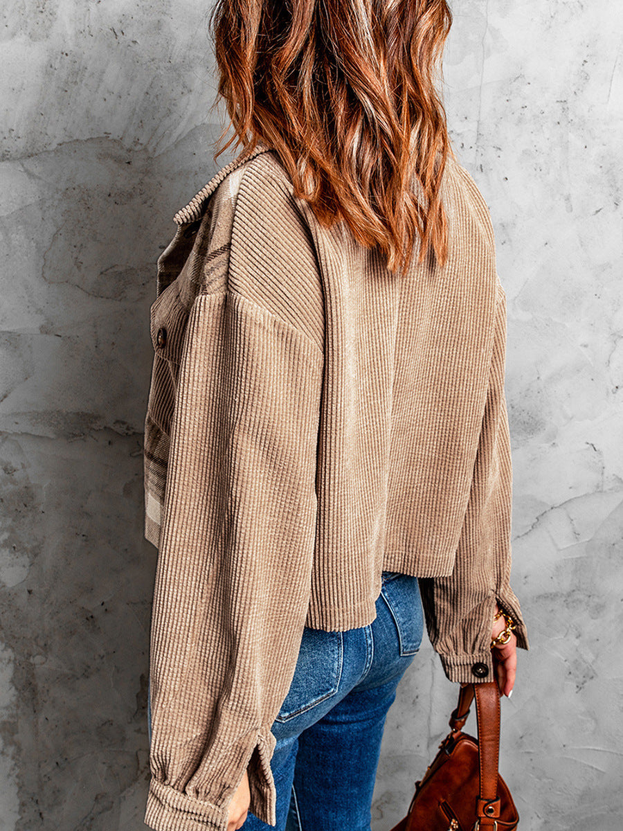 Plaid Corduroy Dropped Shoulder Jacket