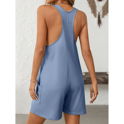 Loose Sleeveless Tank Romper – Scoop Neck Jumpsuit Shorts with Pockets