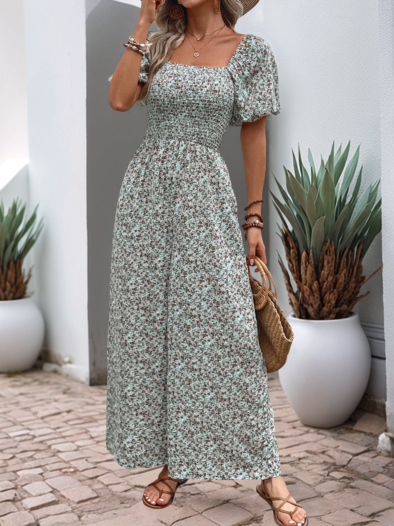 Floral Jumpsuit Square Collar Puff Sleeve