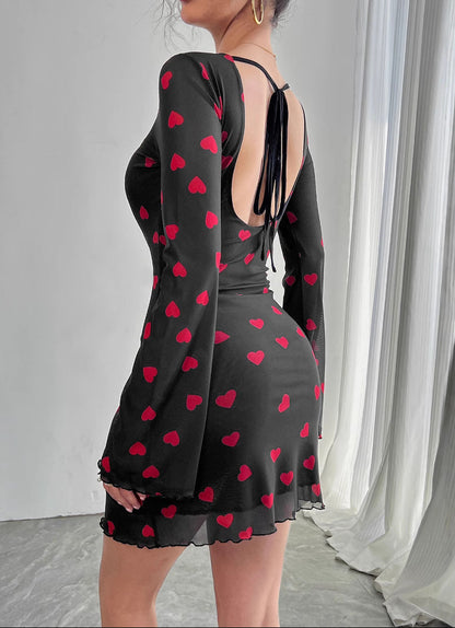 Heart Print Flare Sleeve Backless Mesh Dress