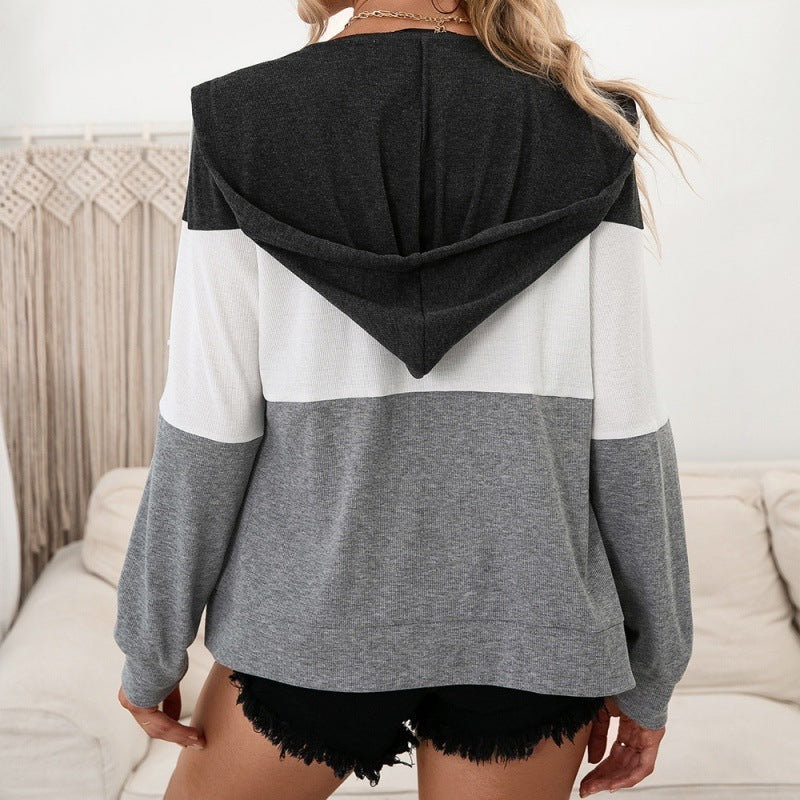 Contrasting Color Zipper Cardigan Sweater Hooded