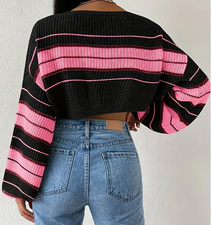 Block Striped Cropped Sweater Crew Neck Lantern Sleeve