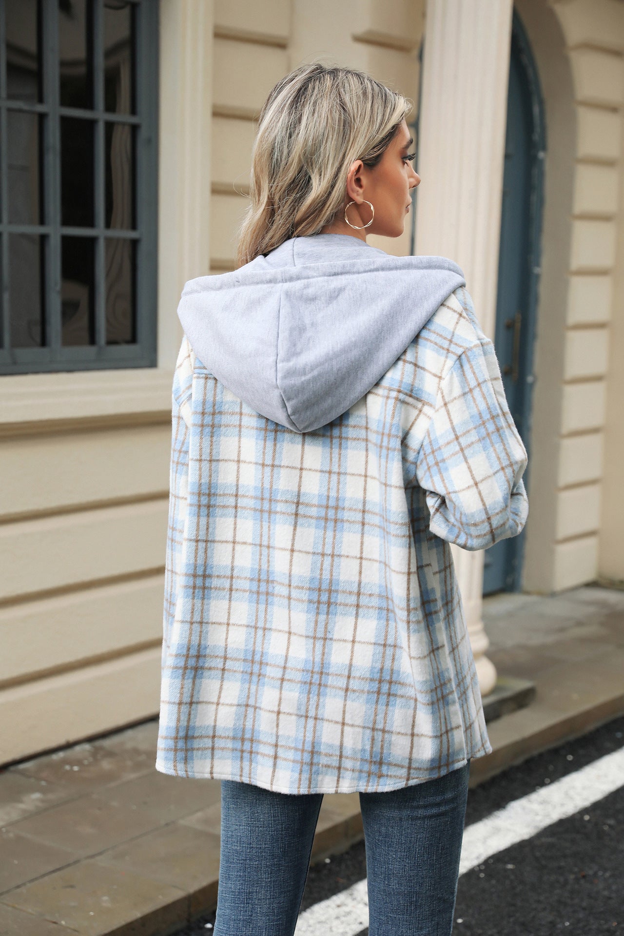 Hooded Multi-button Plaid Long Sleeve Loose Woolen Coat