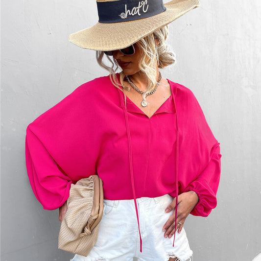 Lantern Sleeve V-Neck Loose Casual Top – Tie Front Blouse