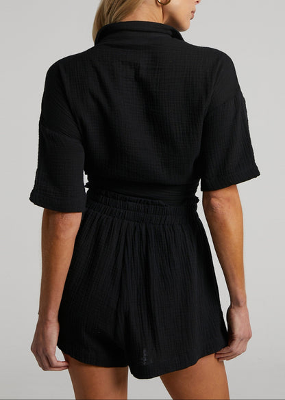 Casual Two-Piece Set – Loose Solid Color Shorts & Shirt Outfit
