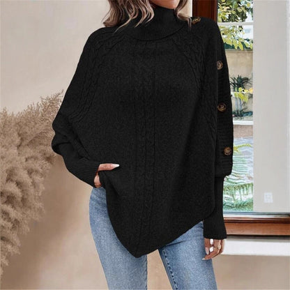 Turtleneck Batwing Shirt Long Sleeve Top with Decorative Buttons