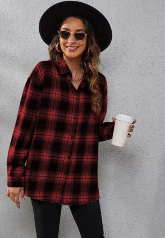 Plaid Cardigan Shirt Loose Fit Casual