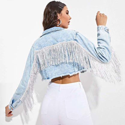 Fringe Detail Long Sleeve Cropped Denim Jacket