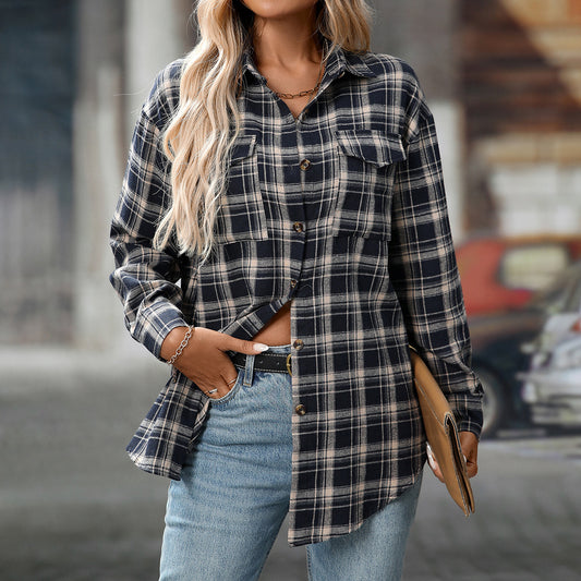 Loose Plaid Shirt Pocket Button