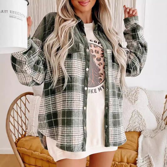 New Plaid Colorblock Shirt Coat