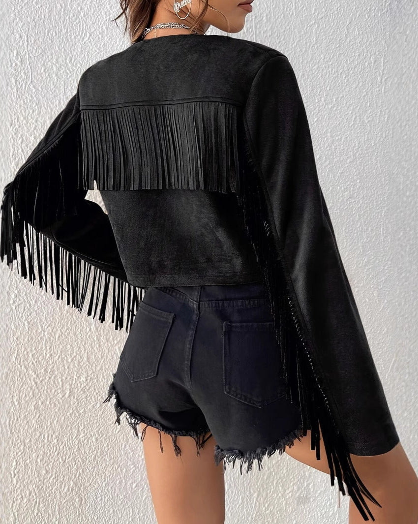 Solid Color Short Jacket Open Front with Tassel & Rivet Design