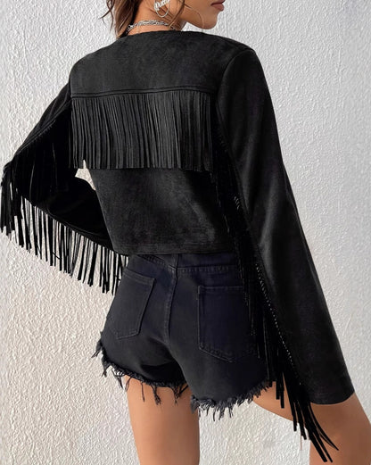 Solid Color Short Jacket Open Front with Tassel & Rivet Design
