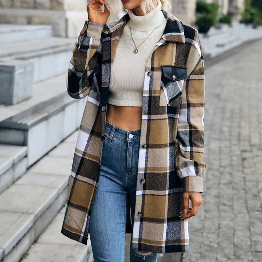 Plaid Jacket –Long Button-Up Coat with Pockets