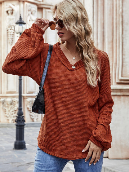 V-Neck Lantern Sleeve Shir Loose Long Sleeve Blouse