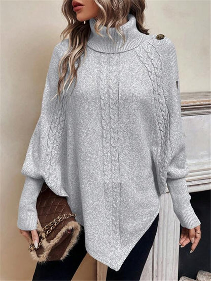 Turtleneck Batwing Shirt Long Sleeve Top with Decorative Buttons