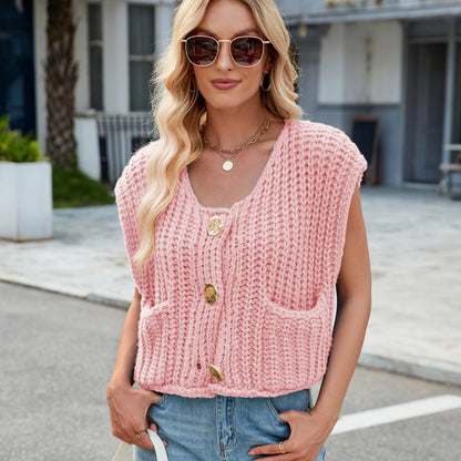V-neck Three-button Sleeveless Cardigan