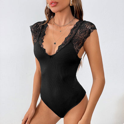 Slim Lace Stitching Bodysuit Large V-Neck Elegant