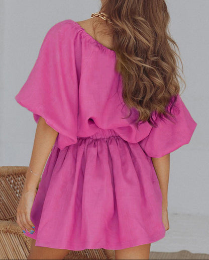 Two-Piece Suit V-Neck Cotton & Linen Lantern Sleeve Shirt with Short Skirt