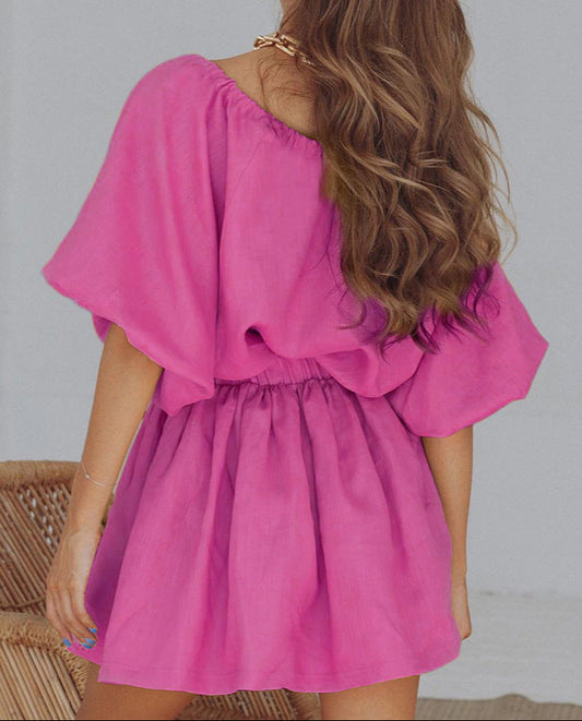 Two-Piece Suit V-Neck Cotton & Linen Lantern Sleeve Shirt with Short Skirt