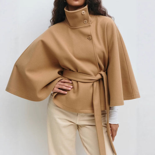 Solid Color Trench Coat Stand Collar Cloak with Button & Belt Elegant Outerwear