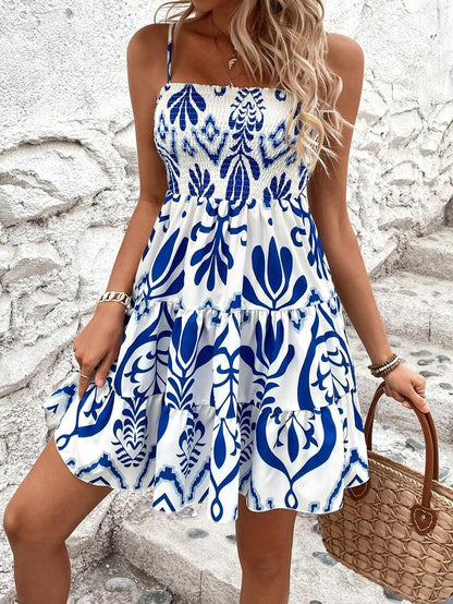 Plant Print Gathered Cami Dress