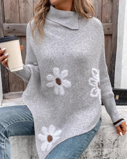 Pullover Flower Jacquard Cloak Knitted Poncho