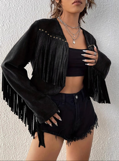 Solid Color Short Jacket Open Front with Tassel & Rivet Design