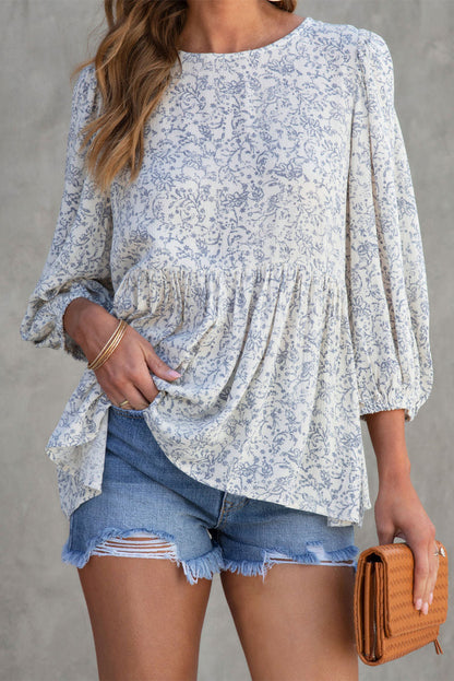 Floral Print Lantern Sleeve Loose Blouse