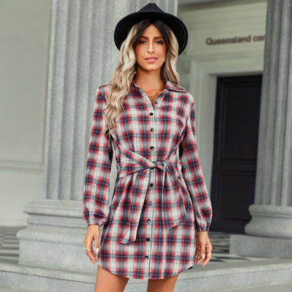 Tie-Up Waist Shirt Plaid Dress